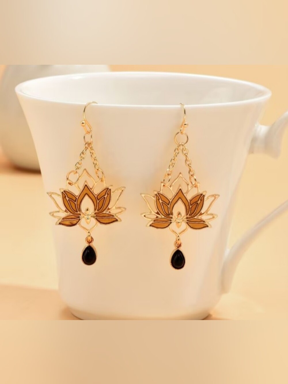 $8 Each Or Bundle 5/$20 Gold Lotus Drop Earrings with Black Teardrop Accent